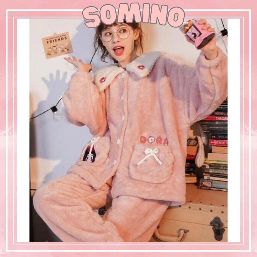 Bộ Đồ Ngủ Lông Pijama Quần Áo Mặc Ở Nhà Dài Tay Mùa Đông Mềm Mại Bộ Ngủ Mùa Đông Dày Dặn Ấm Áp