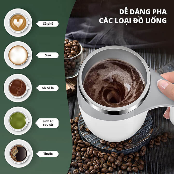 Cốc giữ nhiệt pha cà phê tự khuấy lõi Inox 304 dung tích 380ml, Ly tự khuấy nam châm pha đồ uống, trà Coffee thông minh-XY221