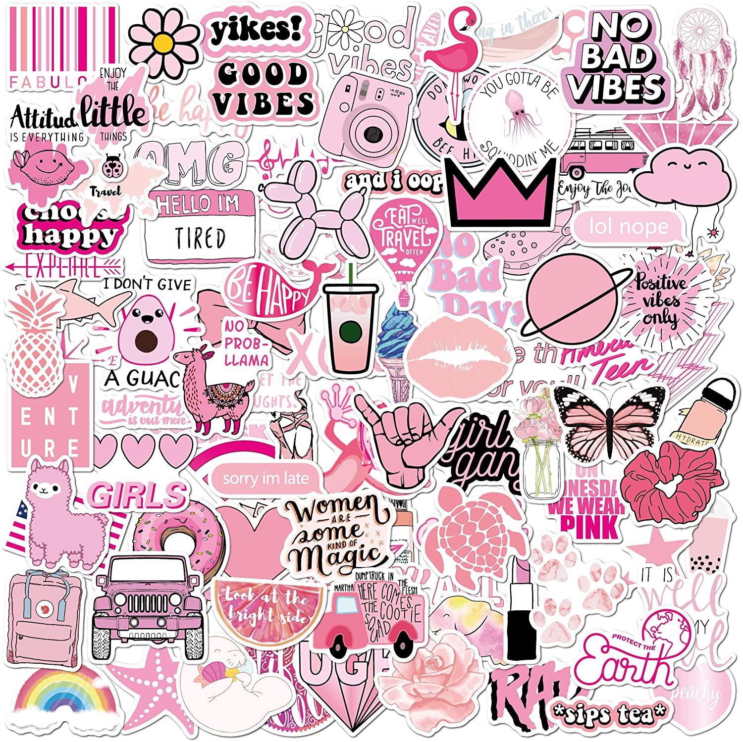 Set 30 sticker pink chủ đề màu hồng có ép lụa