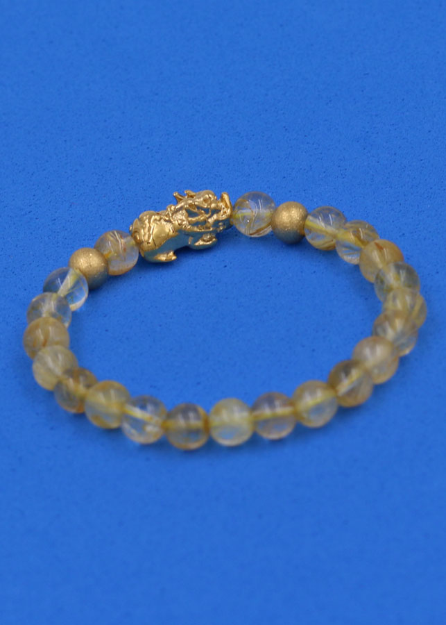 Vòng đeo tay Thạch Anh Tóc vàng 6 ly cẩn Tỳ Hưu inox vàng VTATVTHHBV6 - hợp mệnh Kim, mệnh Thổ