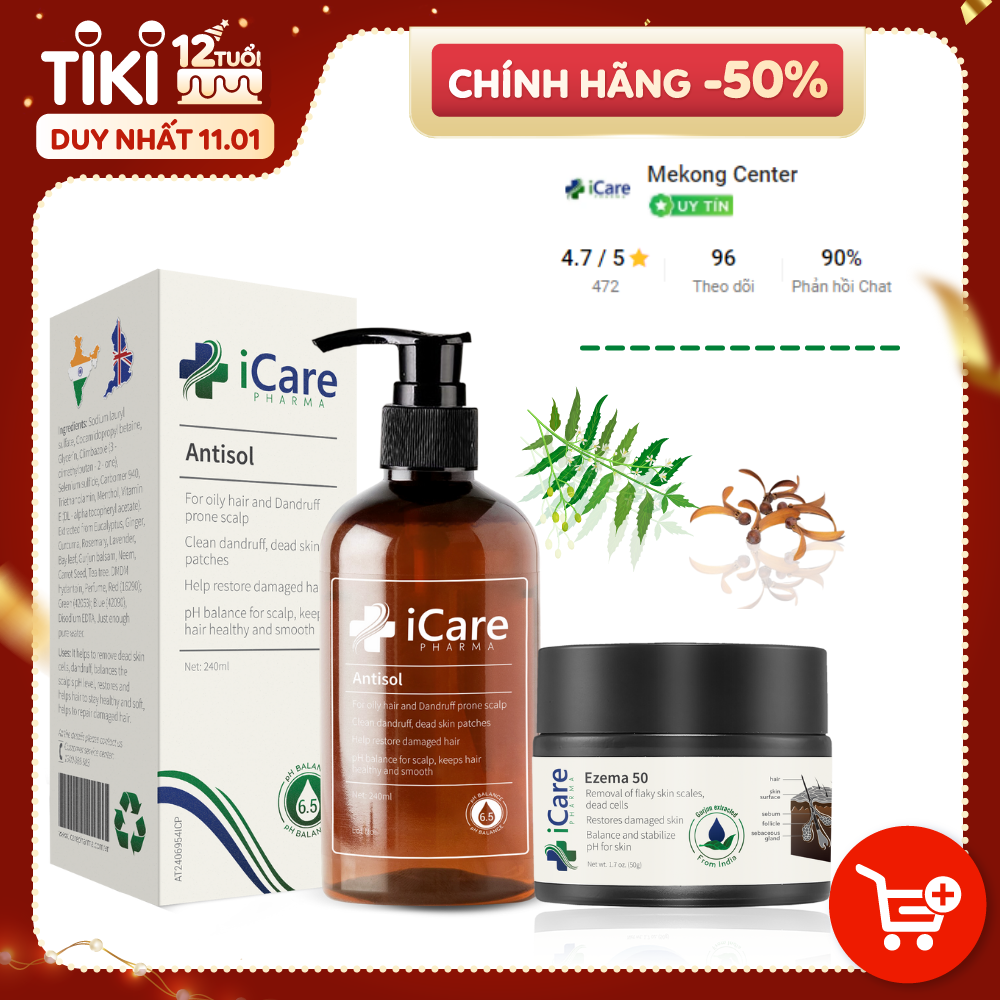 Combo Nấm Da Đầu Ezema 50 &amp; Dầu Gội Sạch Gàu Antisol