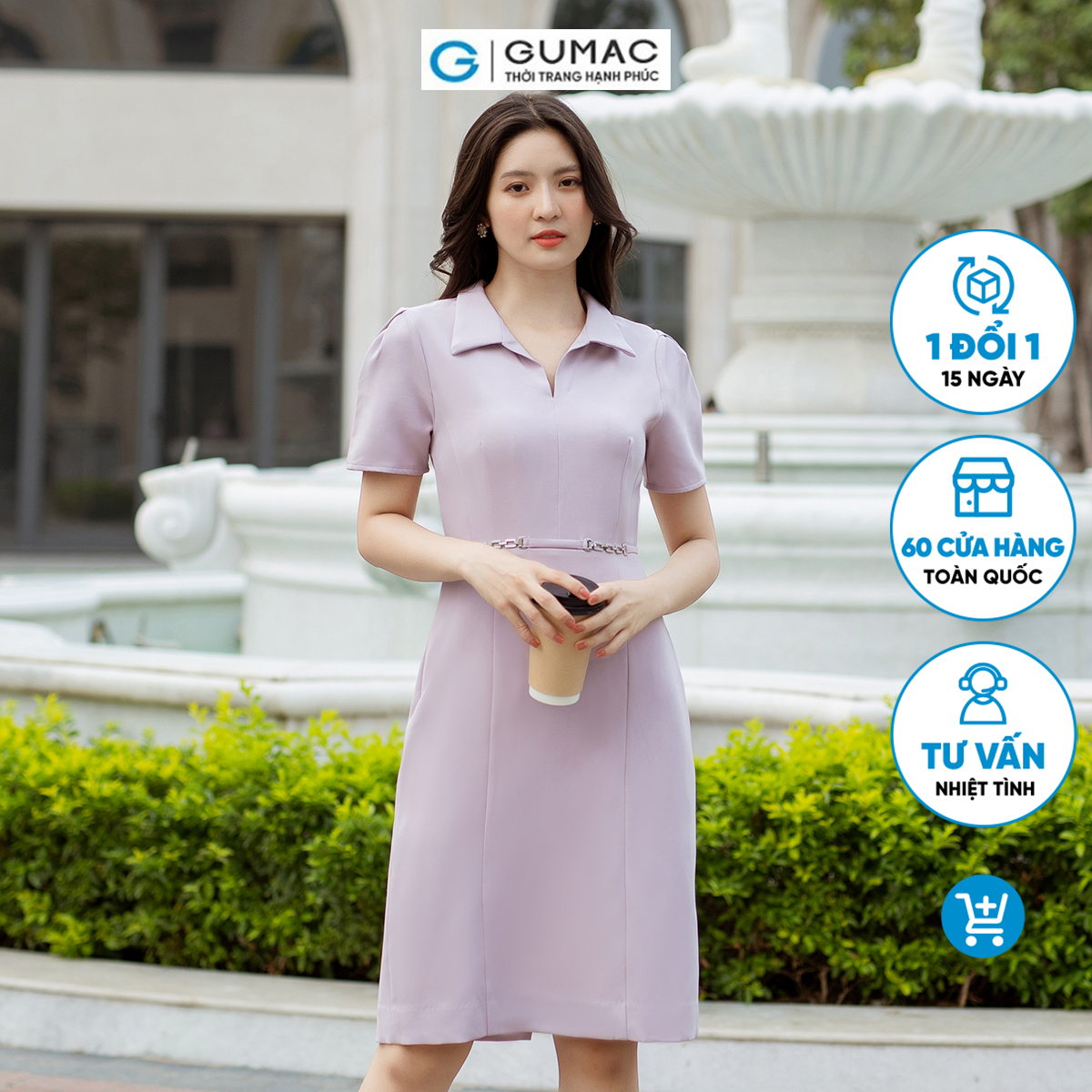 Đầm bút chì tay ngắn cổ V khoen eo thanh lịch sang trọng GUMAC DD07066
