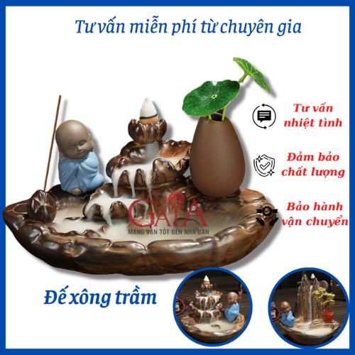 [GỐM SỨ]Thác xông trầm đế xông trầm chú tiểu bên hồ sen chất liệu gốm sứ cao cấp tạo thác khói đẹp mắt