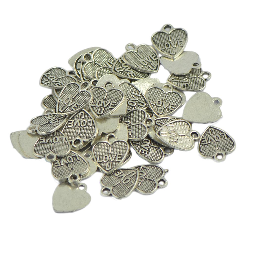 100 pcs I LOVE U Heart Charms Pendants DIY Jewelry Making Antique Silver