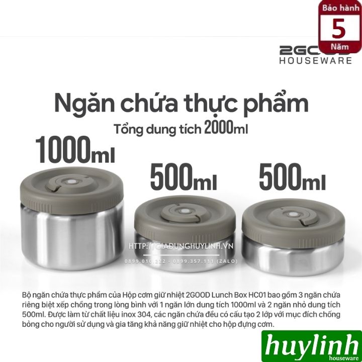 Hộp cơm giữ nhiệt 3 ngăn 2Good HC01 - 2 lít - Tặng túi xách - Hàng chính hãng