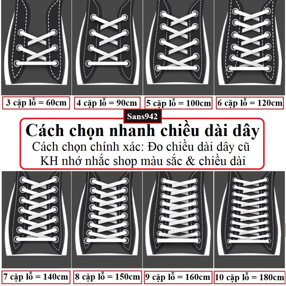 Dây giày dẹt đủ size nhiều màu cột giầy thể thao sneaker boot buộc áo quần dài 100cm 150cm 180cm đen trắng xám Sans942