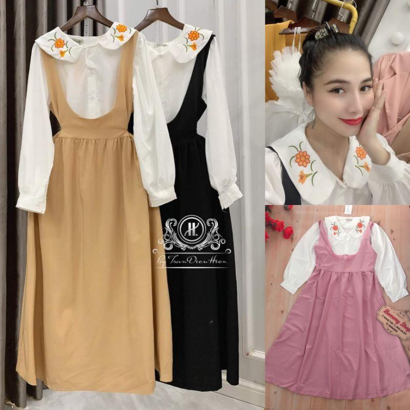 Sét áo sơ mi tay dài cổ thêu hoa phối yếm đầm xòe HÀNG THIẾT KẾ