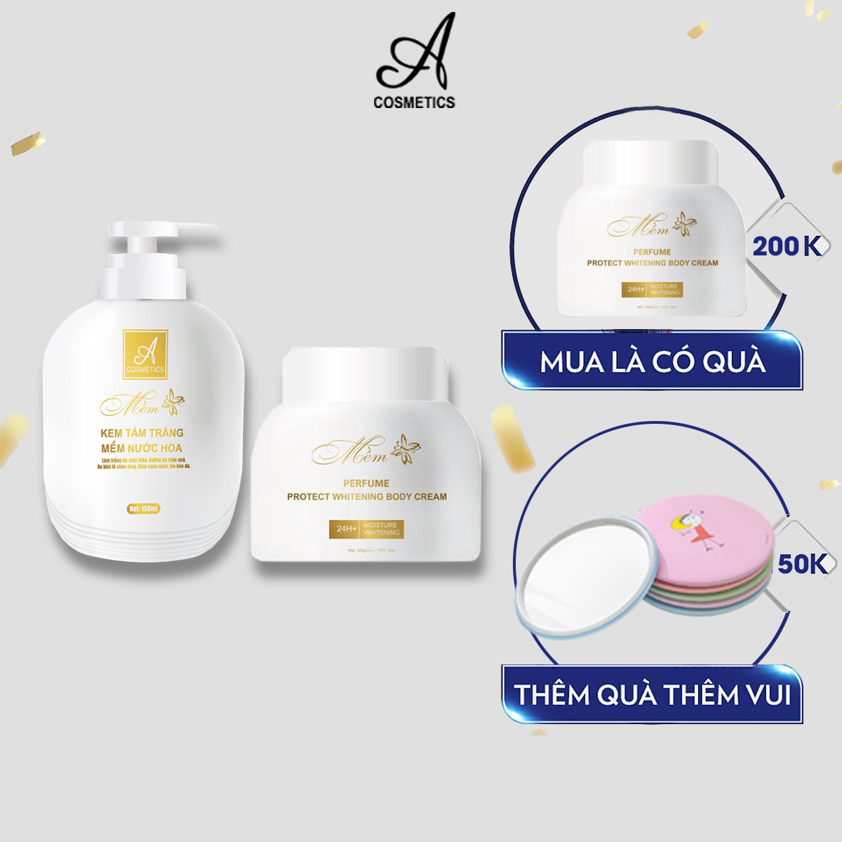 Combo Kem tắm trắng mềm nước hoa 150ml + Kem body mềm nước hoa Acosmetics 250g, Combo kích trắng da body cấp tốc