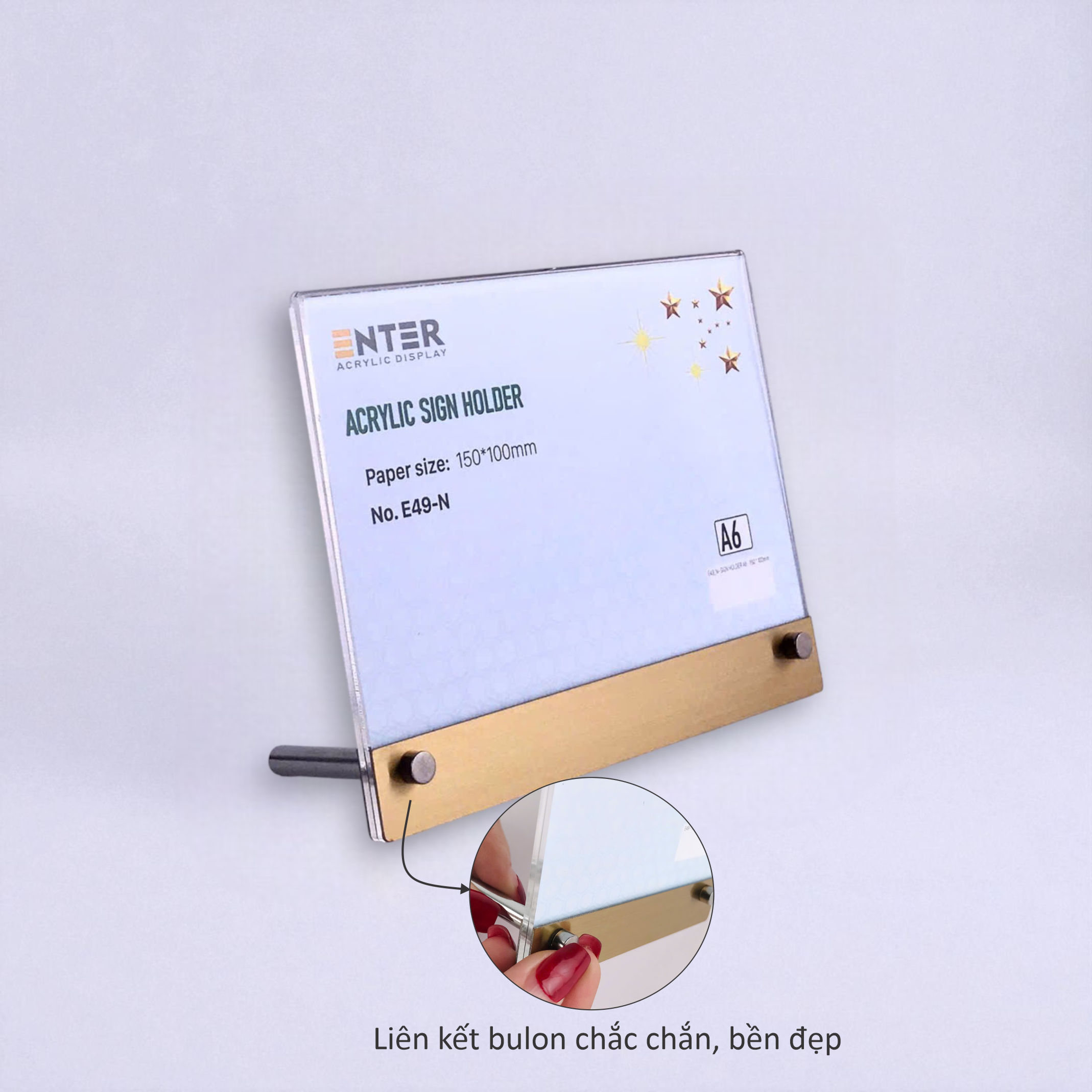 Kệ mica 1 mặt Enter E47-N 300x210mm liên kết bulon A4 ngang, Kệ menu nhà hàng, Standee mica để bàn, Bảng quét mã QR Code
