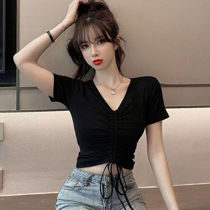 Áo Croptop Rút Dây Tay ngắn chất thun gân co giãn rút ngực buộc nơ cá tính ôm sexy cổ tim màu đen trắng