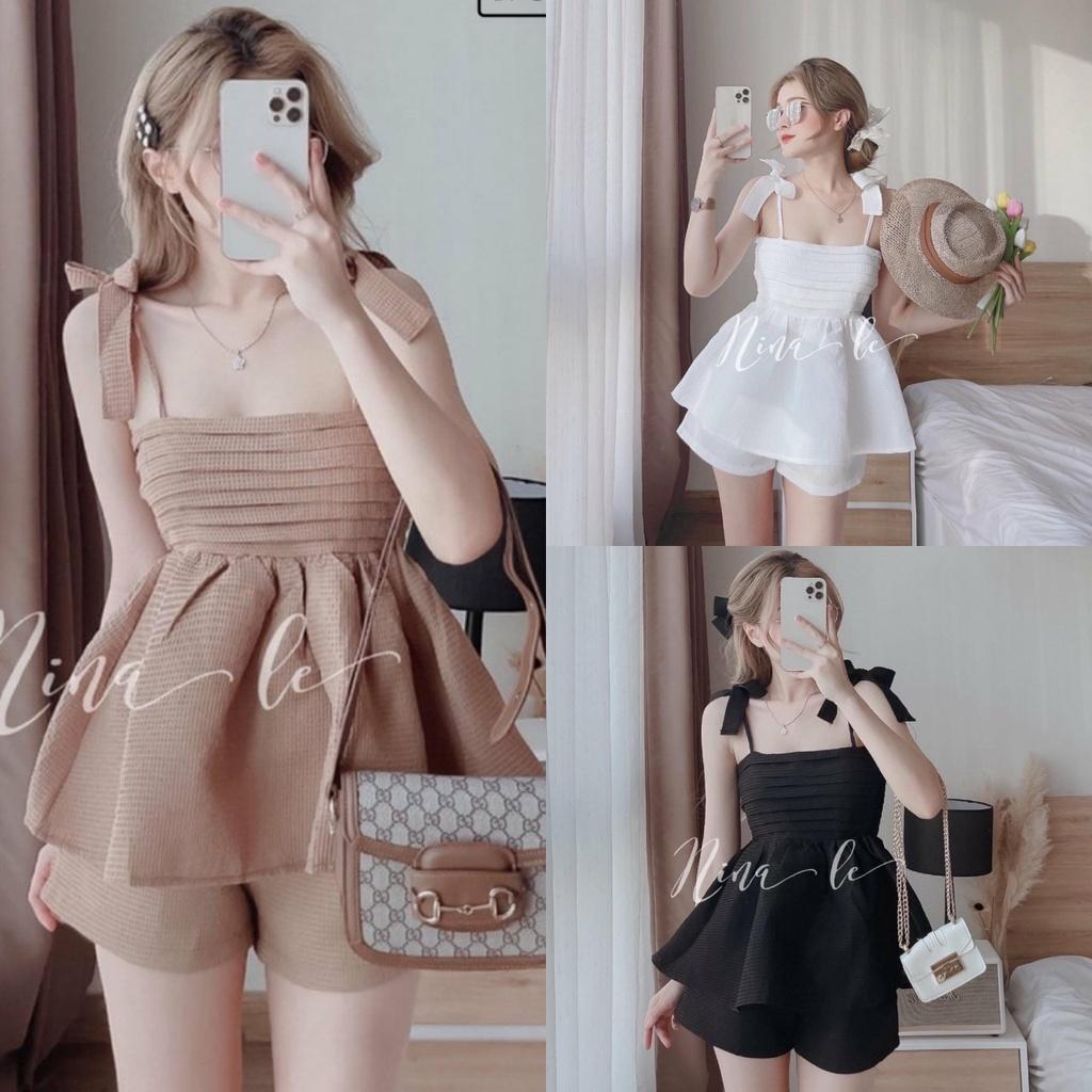 Bộ Áo 2 Dây Nơ Vai Xếp Ly Xếp Tầng 4 Màu - Set Áo Nữ Xòe Kèm Quần Short Vải Xốp