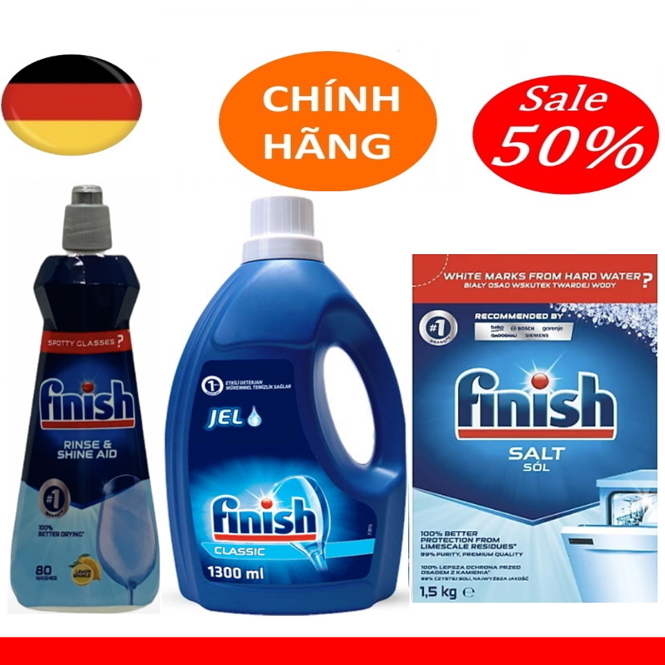 Combo Nước rửa bát Finish Gel classic 1,3 lít + Nước làm bóng bát finish chai 400ml + Muối rửa bát finish 1,5kg