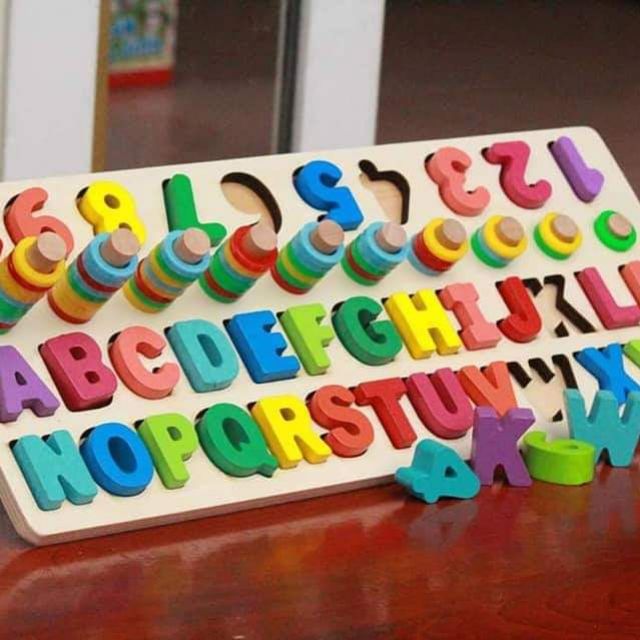 Bảng chữ cái và số cho bé kèm hình khối cột tính bậc thang, đồ chơi học tập, bảng ghép hình bằng gỗ thuộc giáo cụ Montessori giúp phát triển trí tuệ và kỹ năng cho trẻ - tặng kèm còi gỗ cho bé
