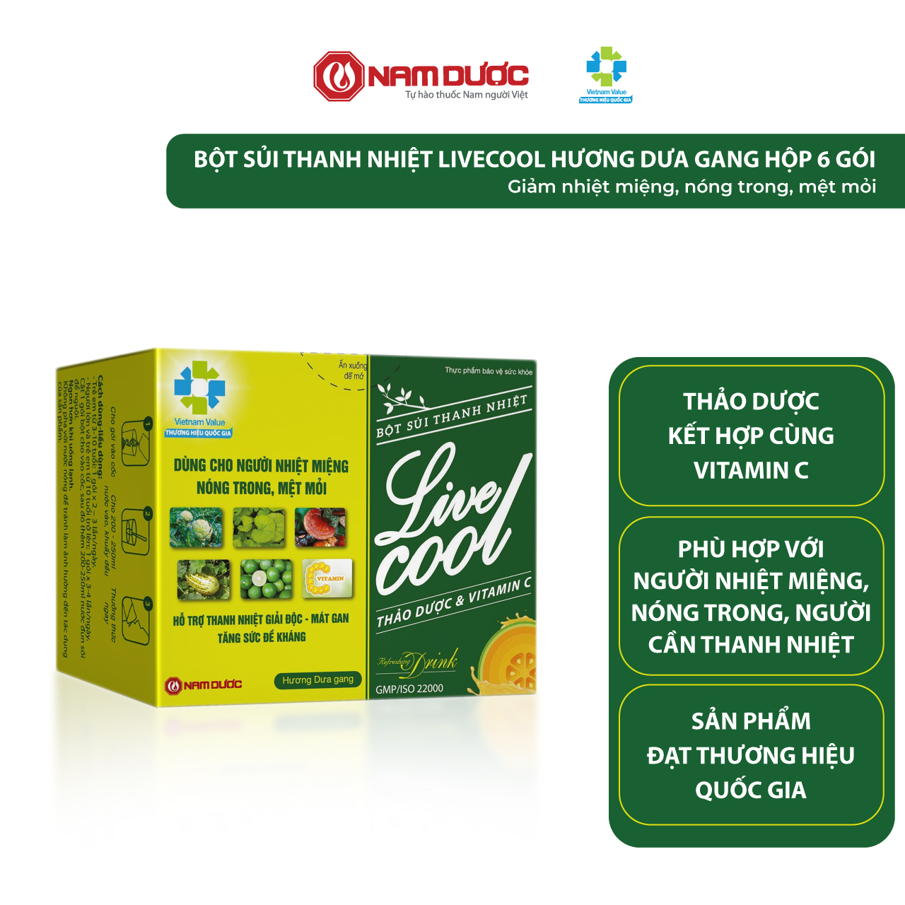 Bột sủi thanh nhiệt Livecool Nam Dược hương dưa gang hộp 6 gói x7g hỗ trợ giảm nhiệt miệng nóng trong,giải độc,mát gan