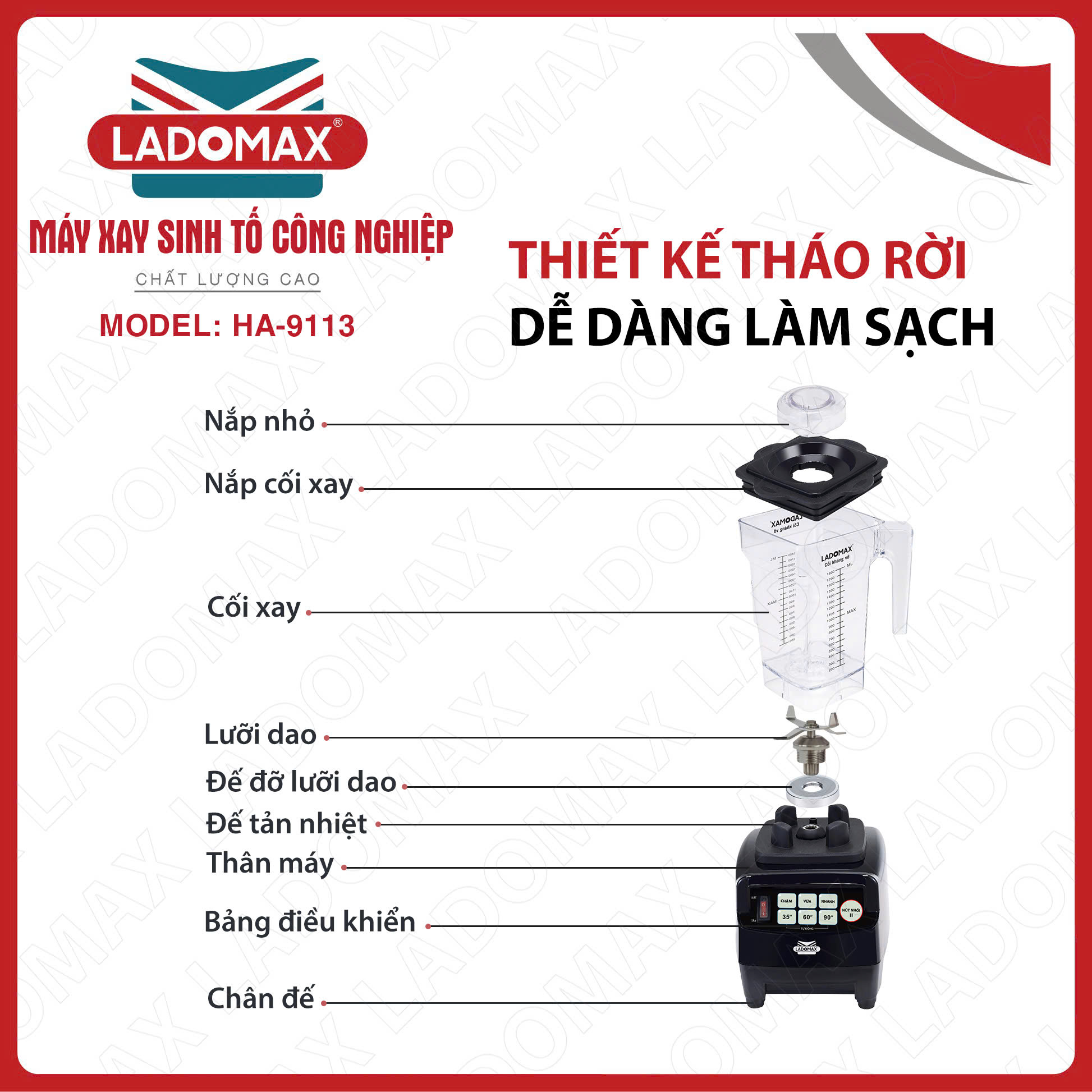 Máy xay sinh tố công nghiệp Ladomax HA9113 phá đá tuyết nhanh, công suất 2280W, có hẹn giờ, moto đồng-Hàng chính hãng