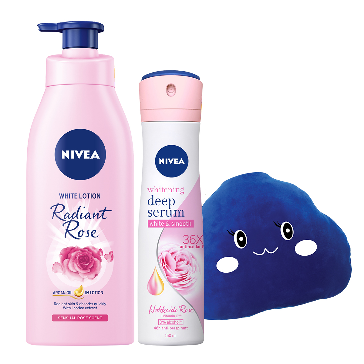 Bộ đôi Sữa Dưỡng Thể Dưỡng Trắng NIVEA Hương Hoa Hồng Radiant Rose (350ml) - 85707 &amp; Xịt Ngăn Mùi Nivea Serum Trắng Mịn Hương Hoa Hồng Hokkaido (150ml) 85304 (TẶNG GỐI BỌT BÔNG SIÊU MỀM MỊN)