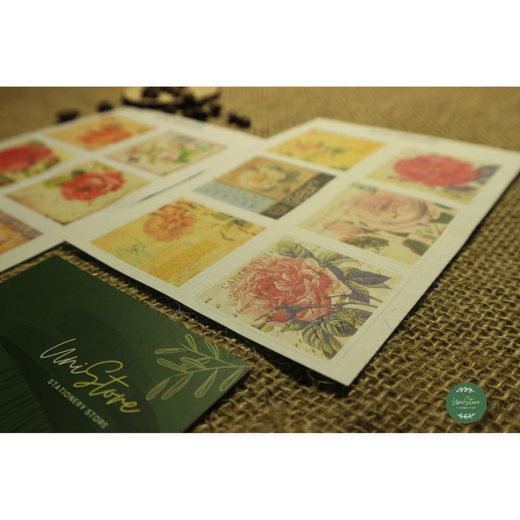 set 2 tấm sticker vintage - sticker post card vintage chủ đề hoa hồng - uni005