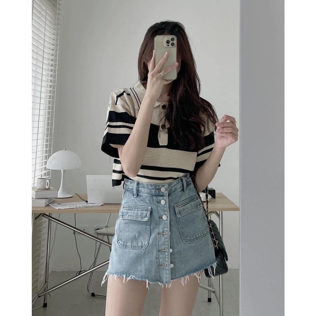 Áo len kẻ polo cộc tay - Áo croptop nữ len dệt kim dáng rộng tay ngắn kiểu cổ đức phong cách Hàn Quốc