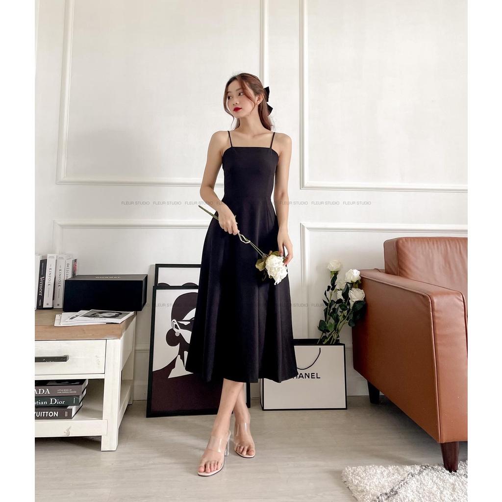 Đầm 2 dây đen maxi đi biển, Váy hai dây hở lưng Cao Cấp form vintage dáng xòe, có sẵn mút ngực MiNhi Fashion