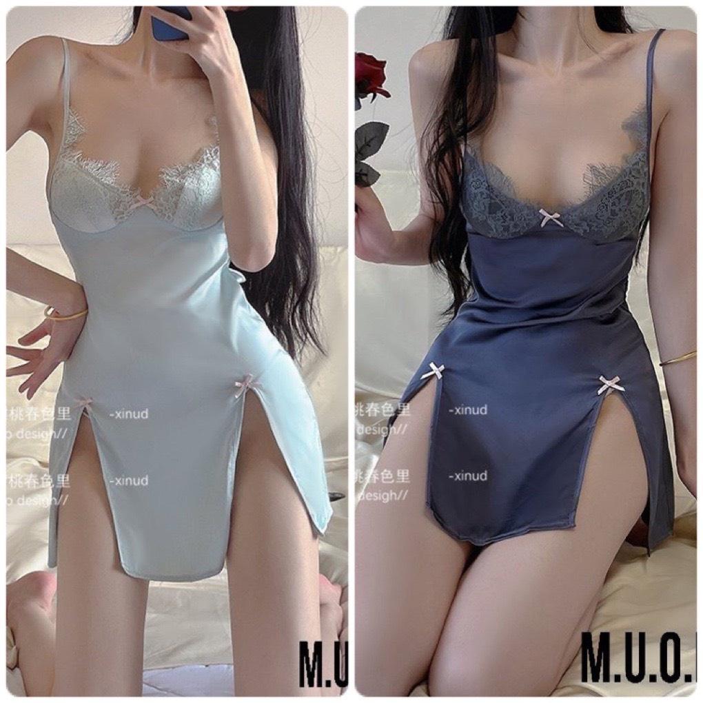 Váy ngủ lụa phối ren xẻ đùi sexy mới nhất 2021 sx 118 ️️ Đầm mặc nhà gợi cảm QUẢNG CHÂU Muối store (video-ảnh)
