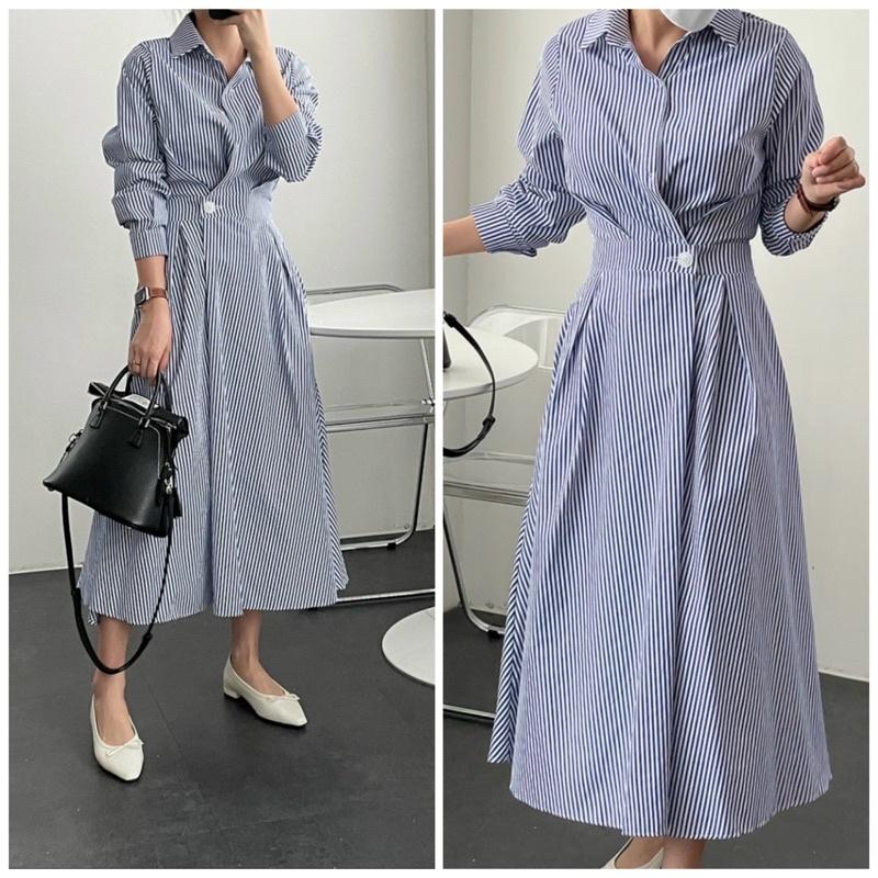 Đầm sọc xanh nút eo tay dài