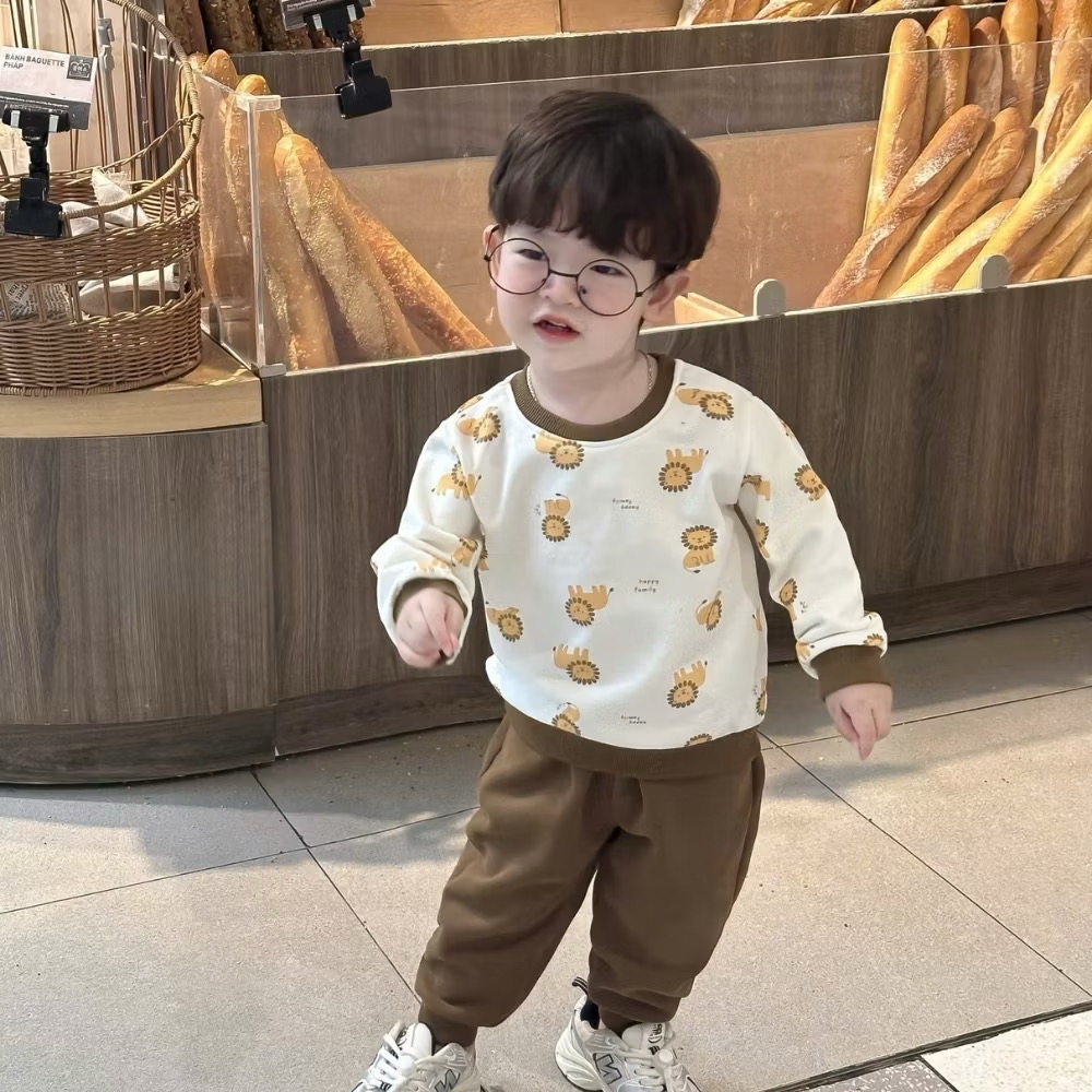 Set Áo Thun Tay Dài Họa Tiết Sư Tử Kèm Quần Dài Cho Bé Trai 1-8 Tuổi Dành Cho Bé Trai