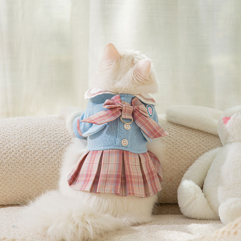 Đầm tiểu thư cho chó, mèo/ Đầm nơ váy xếp ly cực yêu cho bé từ 3-5kg - xanh dương phối hồng