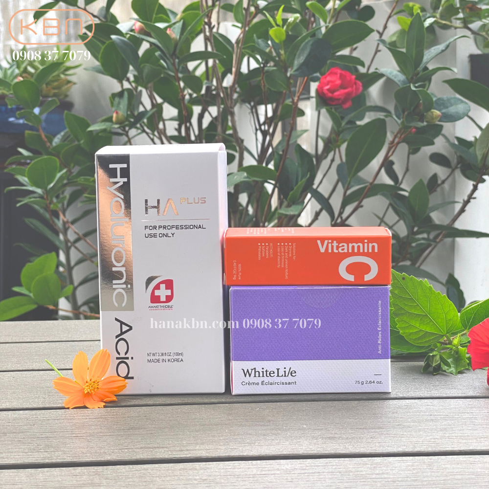 Combo 3 Sản Phẩm HA Plus 100ml + Vitamin C Bột + Kem Dưỡng White Lie, Tặng 2 Mặt Nạ Soothing