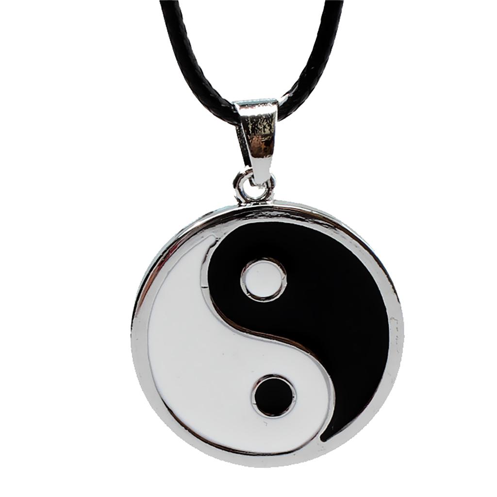 Metal Round Yin Yang Pendant on Adjustable PU Leath Cord Necklace Chain 20"