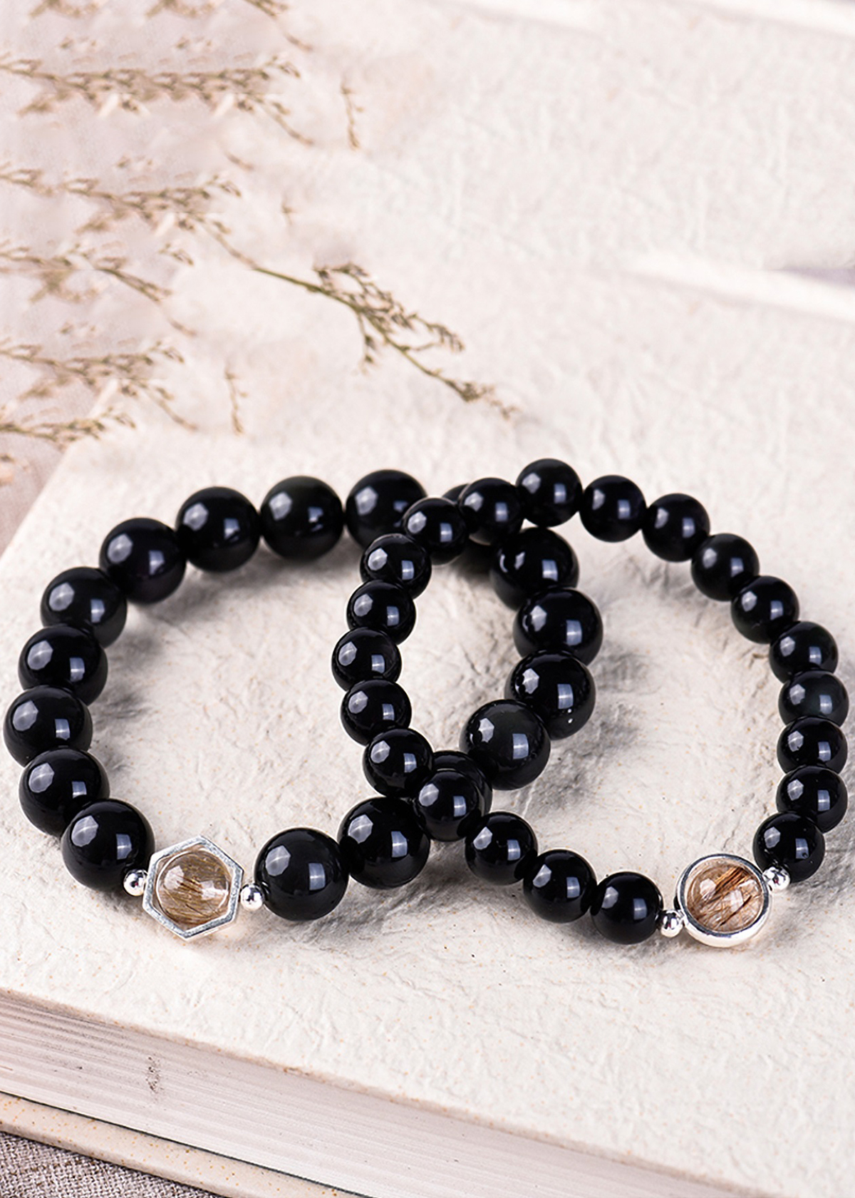 Cặp vòng nam nữ đá Obsidian charm thạch anh tóc vàng - Ngọc Quý Gemstones