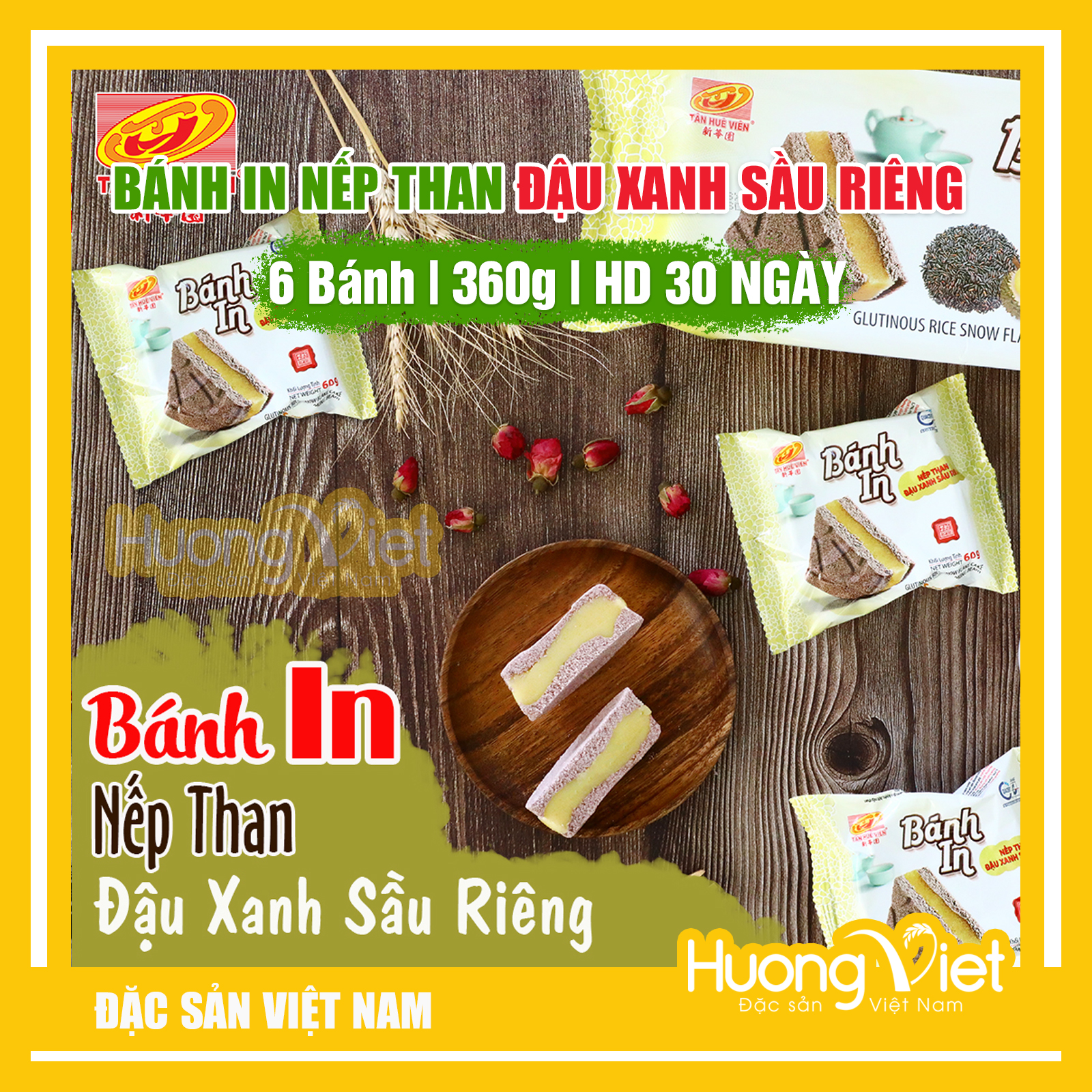 Đặc Sản Sóc Trăng - Bánh In Nếp Than Đậu Xanh Sầu Riêng 360G, Bánh In Sóc Trăng Tân Huê Viên