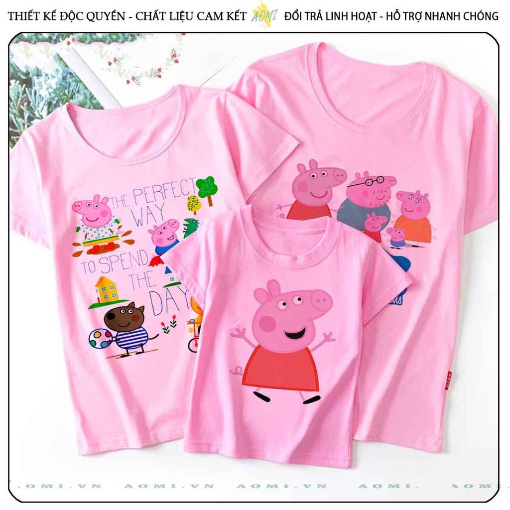 ÁO THUN heo peppa UNISEX PHÔNG HỒNG TAY NGẮN NAM NỮ GIA ĐÌNH CẶP ĐÔI SIZE TRẺ EM BÉ TRAI GÁI AOMIVN