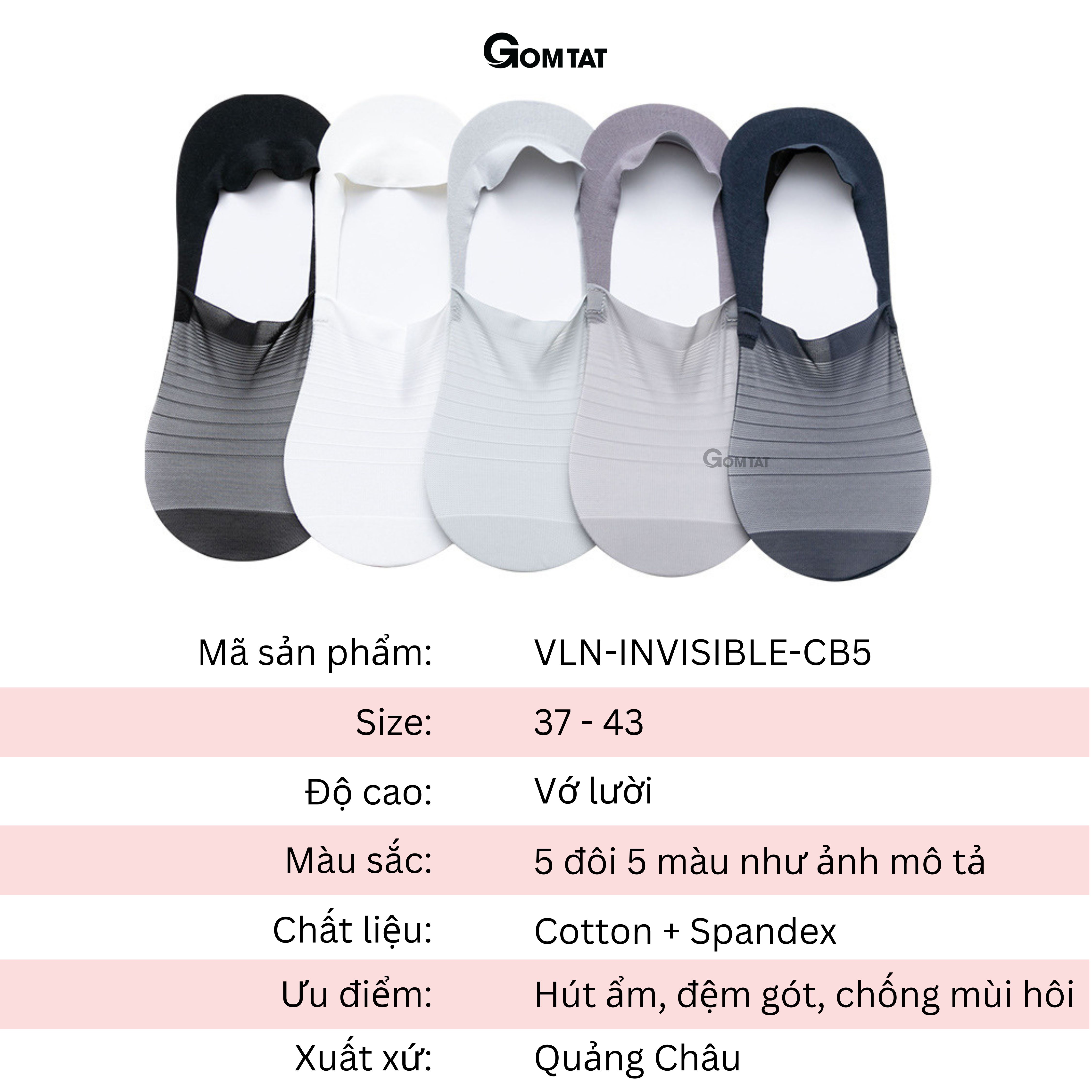 Combo 5 đôi Tất Lười Nam Invisible đệm cao su chống trượt, Vớ Nam đi giày lười phối lưới thoáng khí - VLN-INVISIBLE-CB5