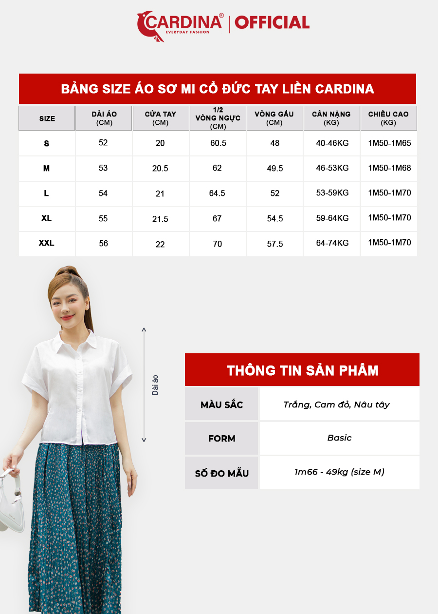 Áo Sơ Mi Nữ CARDINA Chất Thô Tơ Cao Cấp Áo Cổ Đức Tay Liền Trẻ Trung Thanh Lịch 3AF08