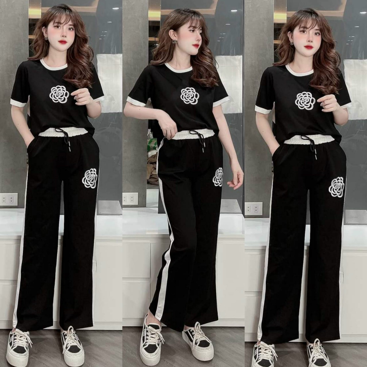 Đồ bộ thun form rộng quần ống suông thêu hoa cao cấp
