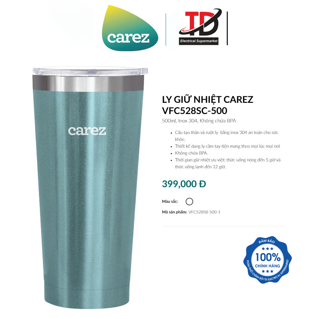 Ly giữ nhiệt cao cấp CAREZ VFC528SC-500ML , Inox 304, Không chứa BPA, Hàng chính hãng