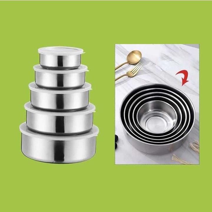 Bộ 5 hộp thố inox đựng bảo quản thực phẩm thức ăn trong tủ lạnh có nắp đậy silicon hút chân không