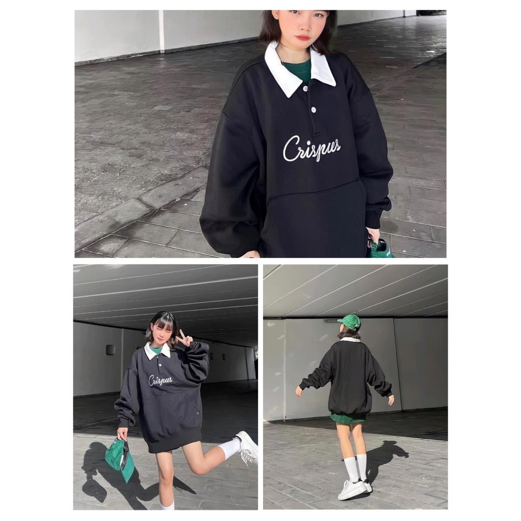 Áo Sweater Cổ Polo Nỉ In Chữ Cris Nữ Túi Trước Nam Nữ Dáng Thụng Màu Đen Basic