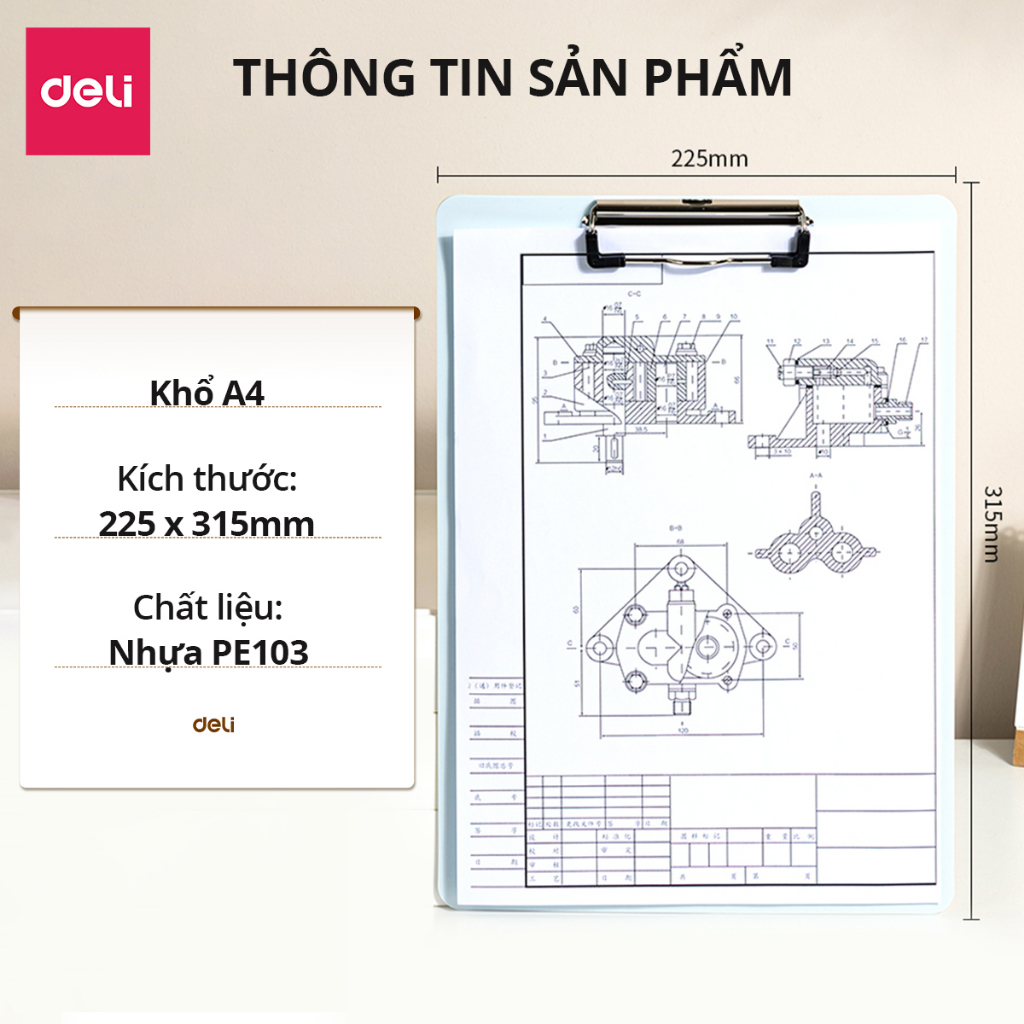 Bìa trình ký nhựa A4 Deli đơn, Bìa kẹp nhựa giấy, tài liệu, kẹp hồ sơ A4 một mặt, màu pastel học sinh văn phòng