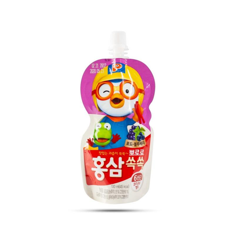 1 xách 10 túi Nước hồng sâm trái cây Pororo 100ml/túi Hàn Quốc