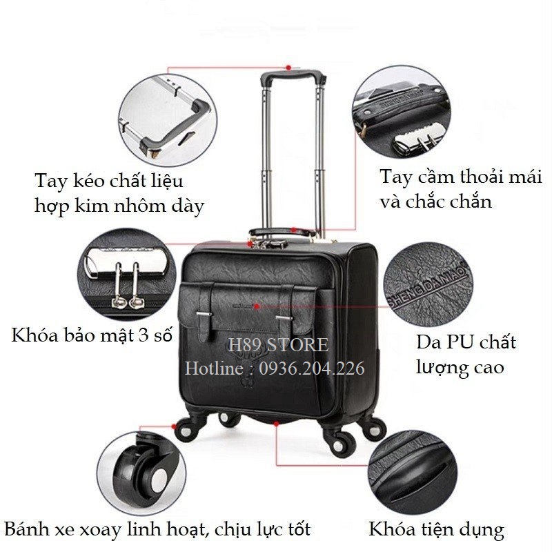 Vali du lịch Size 18 inch - Vali kéo thời trang chất liệu da cao cấp có khóa bảo mật và ngăn chống sốc máy tính