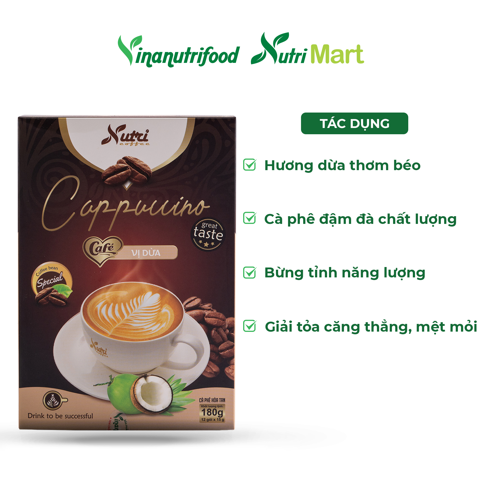 Cà phê capuchino dừa Vinanutrifood C03, cafe có hương vị dừa hảo hạng, tạo nên sự mới mẻ mang đến cảm giác thoải mái, thư thái khi thưởng thức, đảm bảo an toàn thực phẩm đáp ứng đầy đủ tiêu chuẩn GMP - WHO (15g x 12 gói)