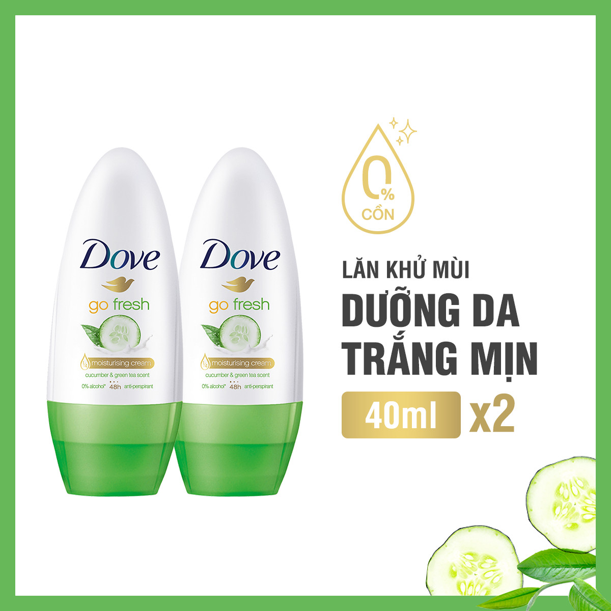 Combo 2 Lăn khử mùi Dove Go Fresh Hương dưa leo &amp; trà xanh Dưỡng da Sáng mịn dành cho nữ, 40ml