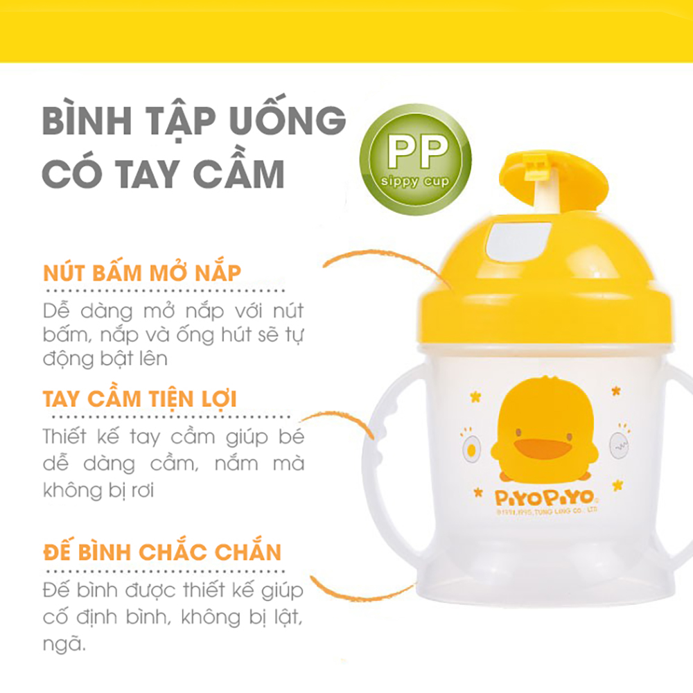 Bình tập uống hai tay cầm nắp bật cho bé Piyo Piyo 250ml bấm nút để mở, ống hút ngăn tràn