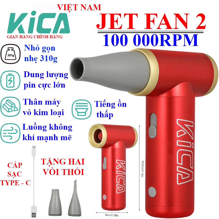 Quạt KICA Jetfan 2 Máy Thổi Khí Cao Cấp, Pin 1100mAh Động Cơ Không Chổi Than Mạnh Mẽ, Tốc Độ Quay 100000RPM Sức Gió 20m/s Hàng Nhập Khẩu Chính Hãng