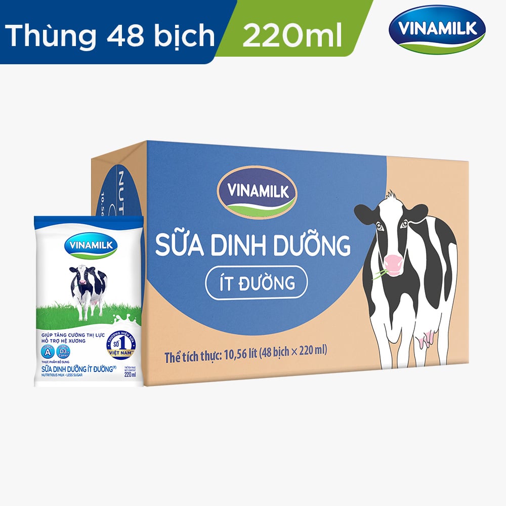 Thùng 48 Bịch Sữa Dinh Dưỡng Vinamilk Ít Đường (220ml / Bịch)