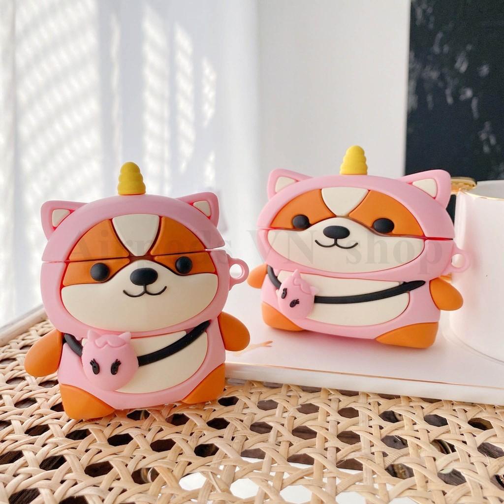 Bao Case Ốp dành cho Airpods 1/2, Airpods Pro shiba mang áo khủng long siêu xinh silicon cao cấp