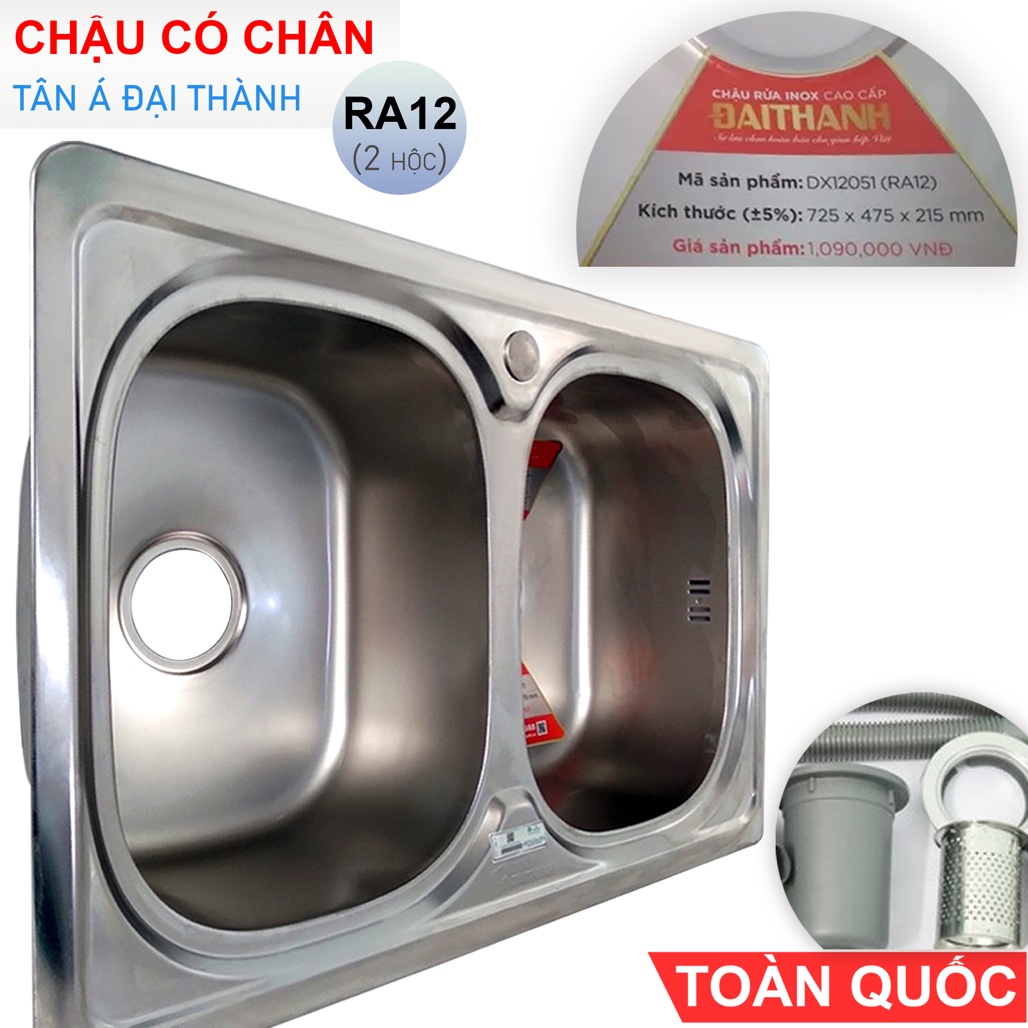 Bộ Chậu Rửa Bát Inox TÂN Á ĐẠI THÀNH RA12 Loại 2 Hộc Có Chân Kèm Vòi Nước Lạnh - Hàng chính hãng Tặng rổ rút, dây cấp, đầu nối ống xả