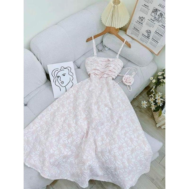 ĐẦM 2S GẤM HOA XẾP LY KÈM DÂY HOA CỔ