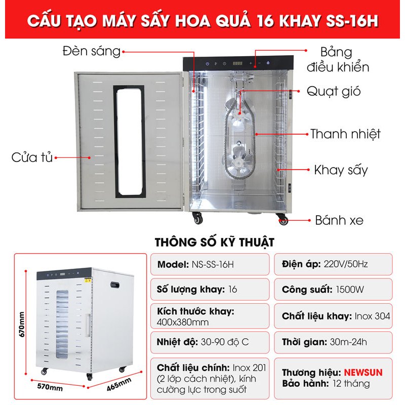 Máy sấy hoa quả 2 lớp 16 khay SS-16H NEWSUN - Hàng chính hãng